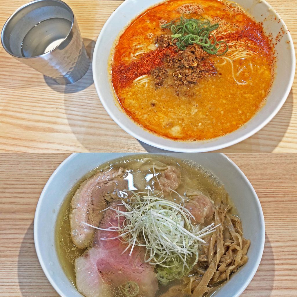 「担々麺」と「海老ワンタン塩らぁ麺」:中村麺三郎商店