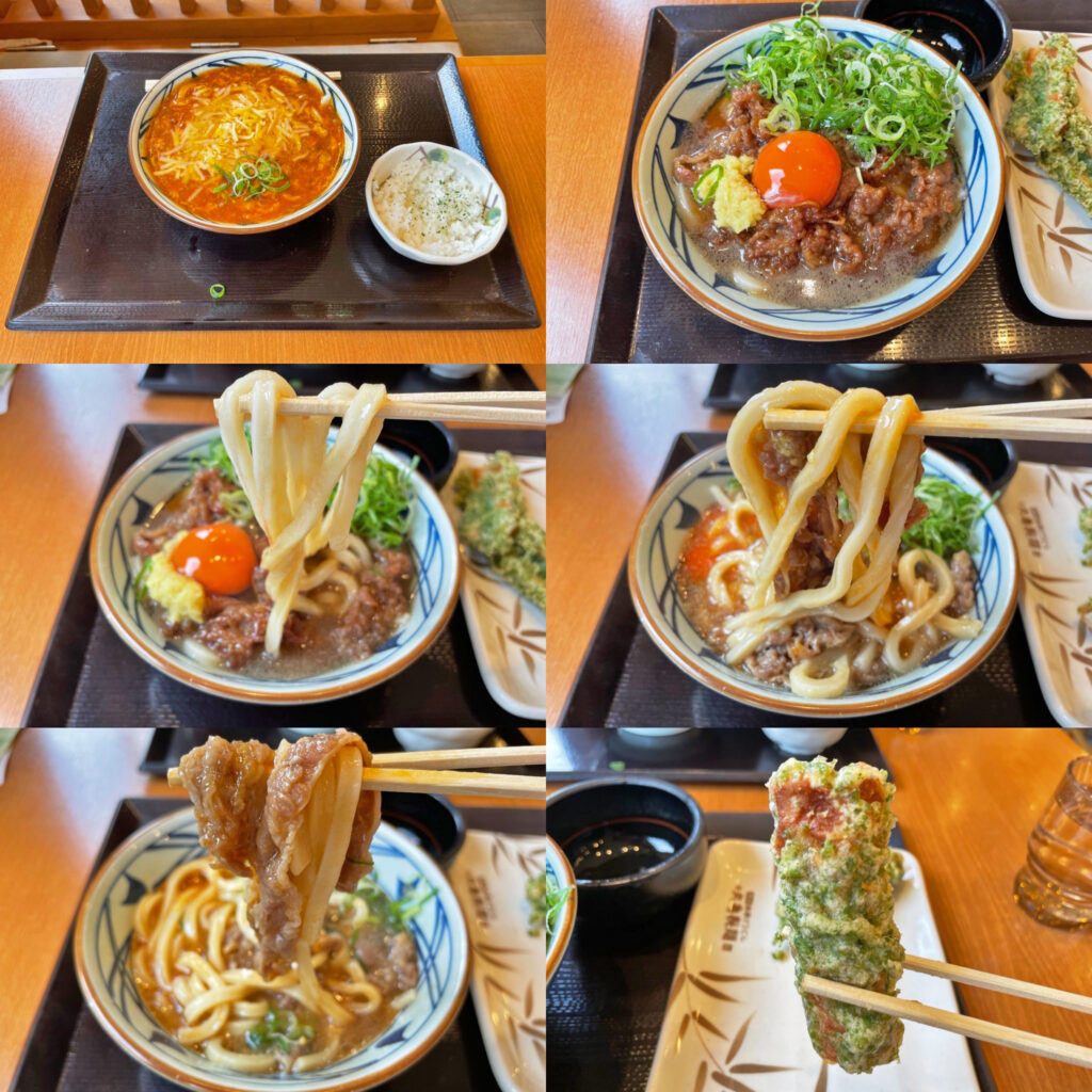 丸亀製麺の「チーズトマたまカレーうどん」と、「牛すき釜玉うどん」