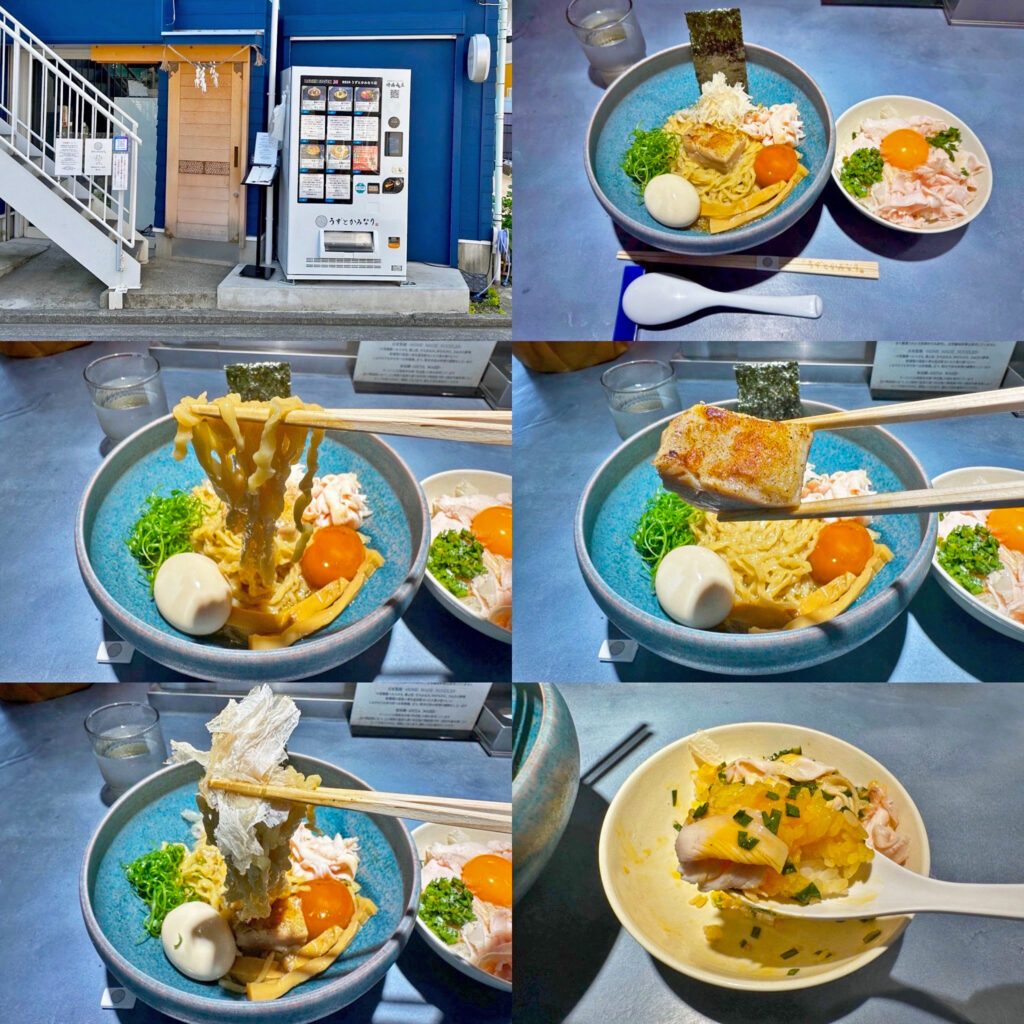 「うずとかみなり」の「地鶏まぜSOBA地鶏味玉」と「なま親子丼」