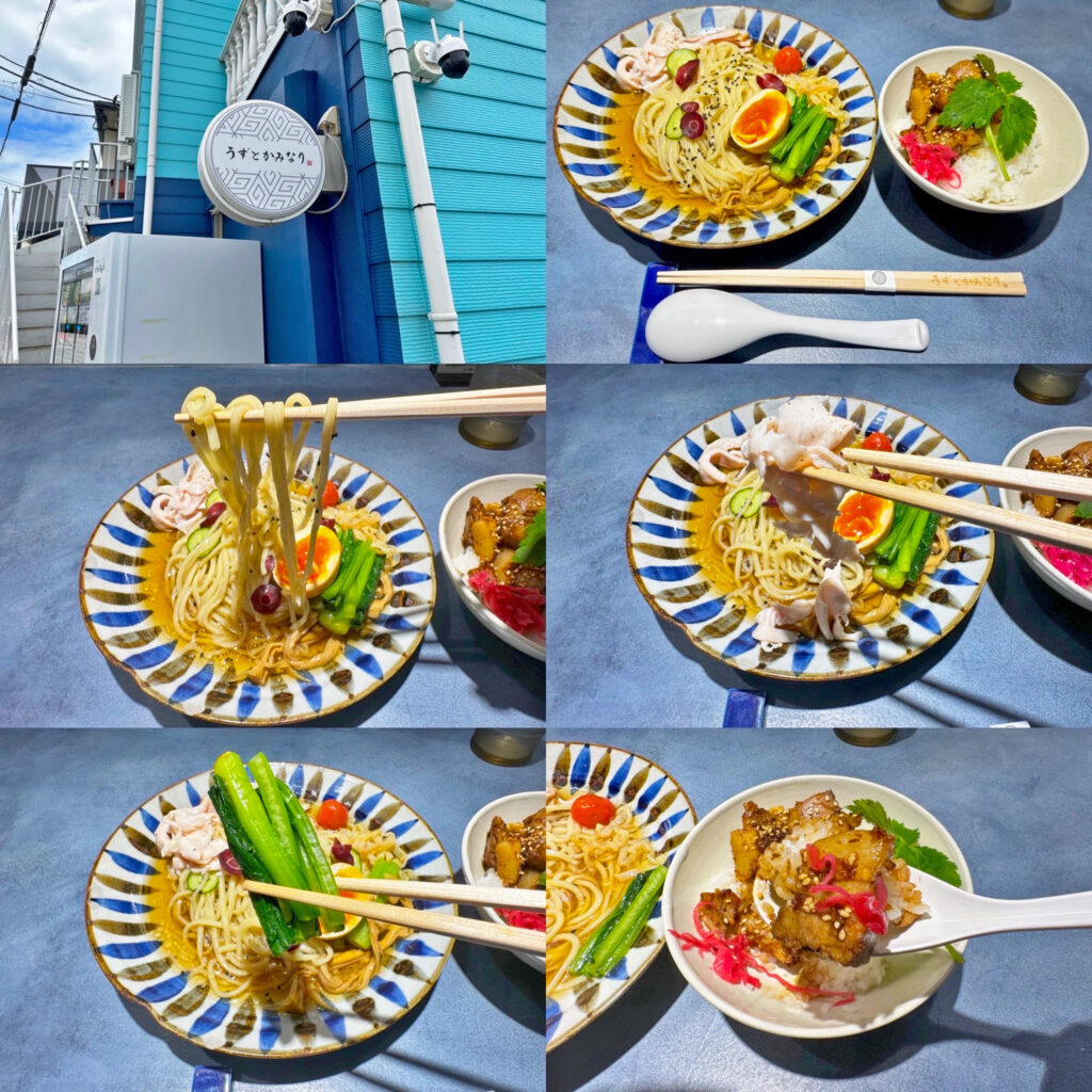 「うずとかみなり」の「冷やし中華UK」と「地鶏炭火焼とりご飯」