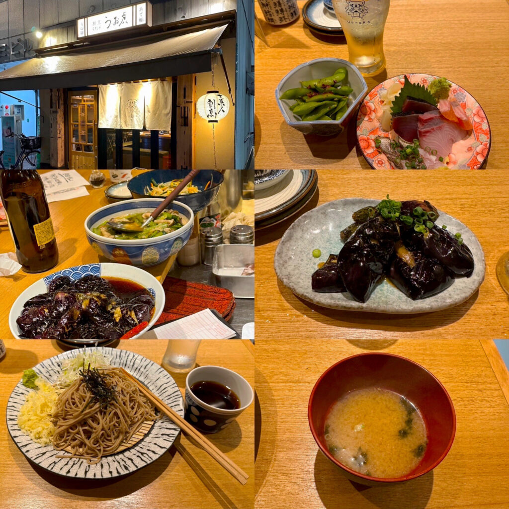 「うお虎」でハイボールと刺身三点盛りと大皿料理
