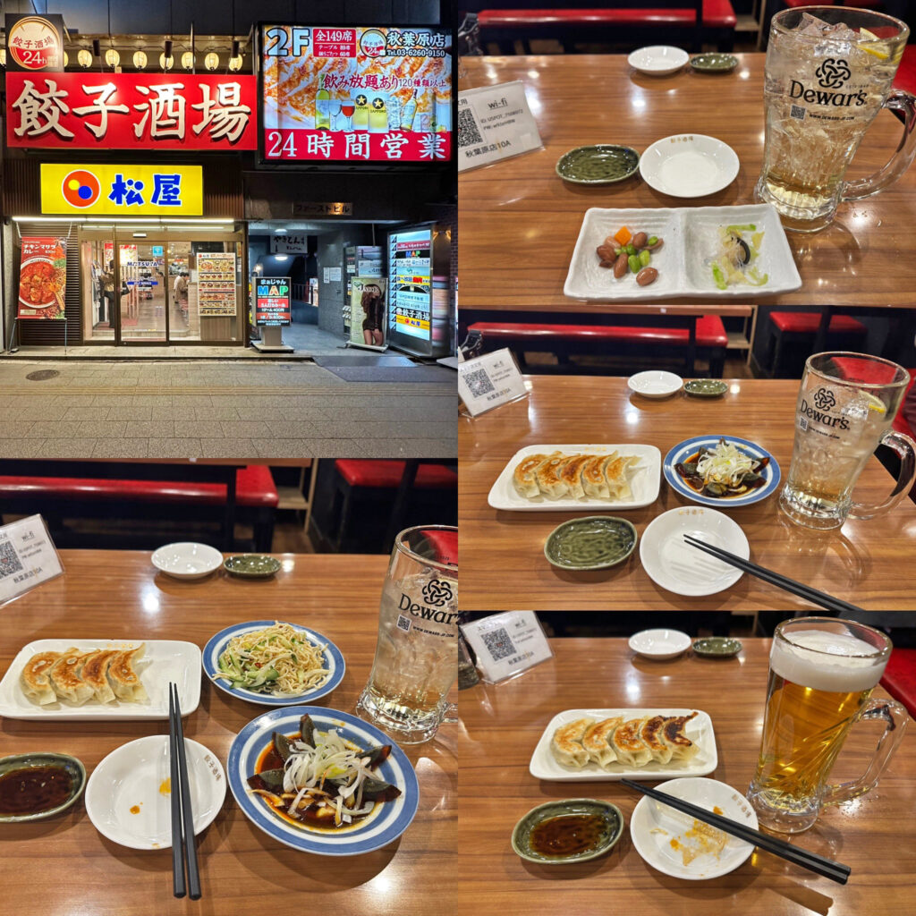 「24時間餃子酒場秋葉原店」の「メガハイボール」と「餃子」、「ピータン」、「干し豆腐和え」