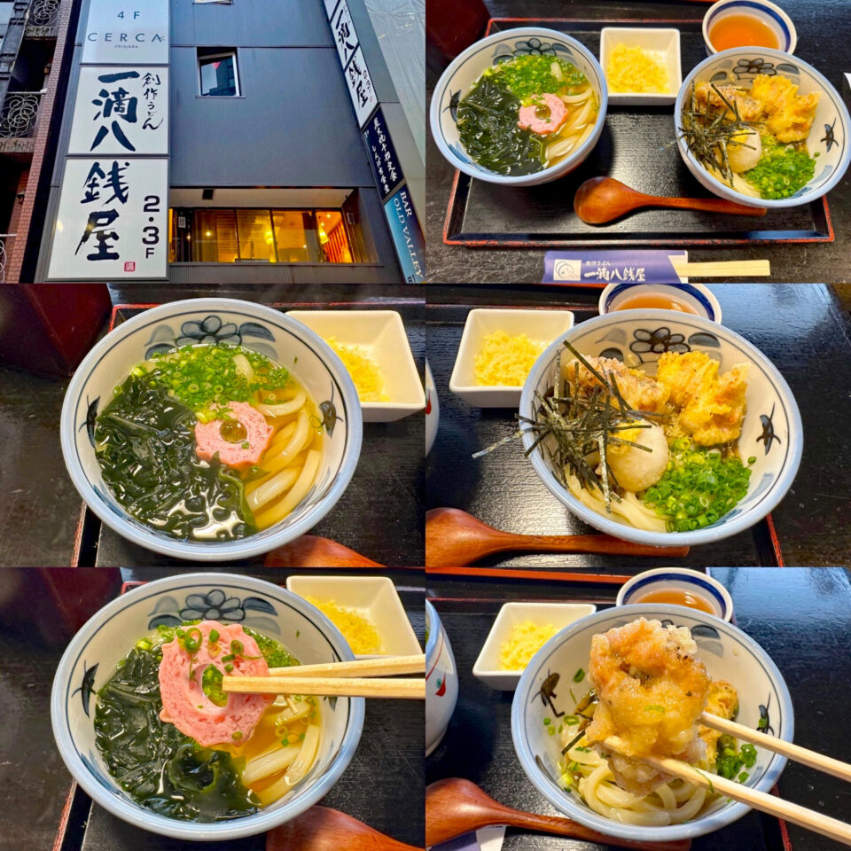 一滴八銭屋の「ハーフ＆ハーフ」の「あっさりかけうどん」と「かしわ天ぶっかけ」