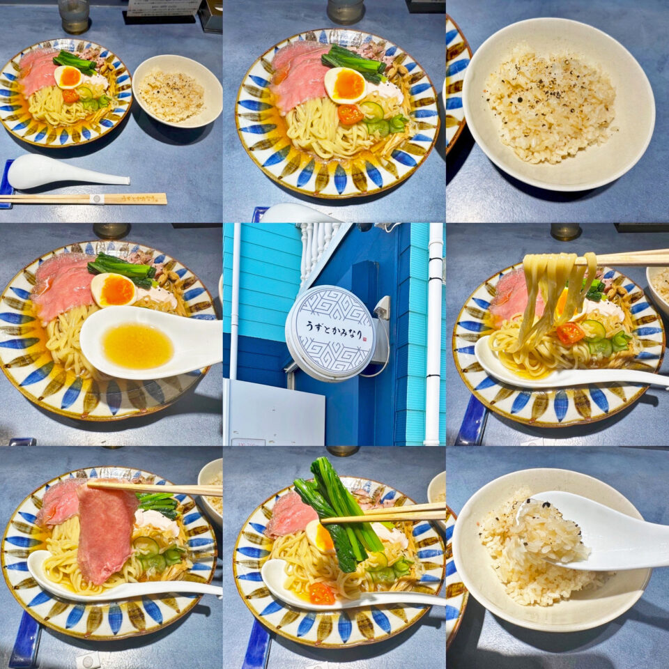「うずとかみなり」の「WAGYU冷やし中華UK」と「ν胡椒飯」