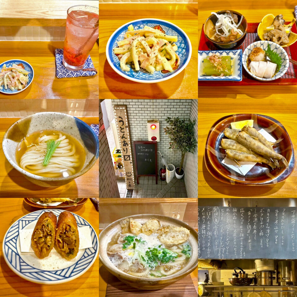「うどんスナック松ト麦」の「ニシホナミ」の「冷かけ」と「きぬあずま」の「かすごぼ天鍋焼きうどん」