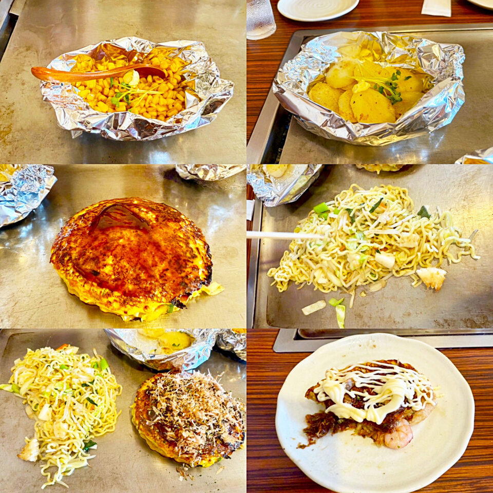 相模大野「お好み焼き じゅげむ」の「じゅげむ焼き」と「イカ焼きそば塩味」、「バターコーン」と「じゃがバター」