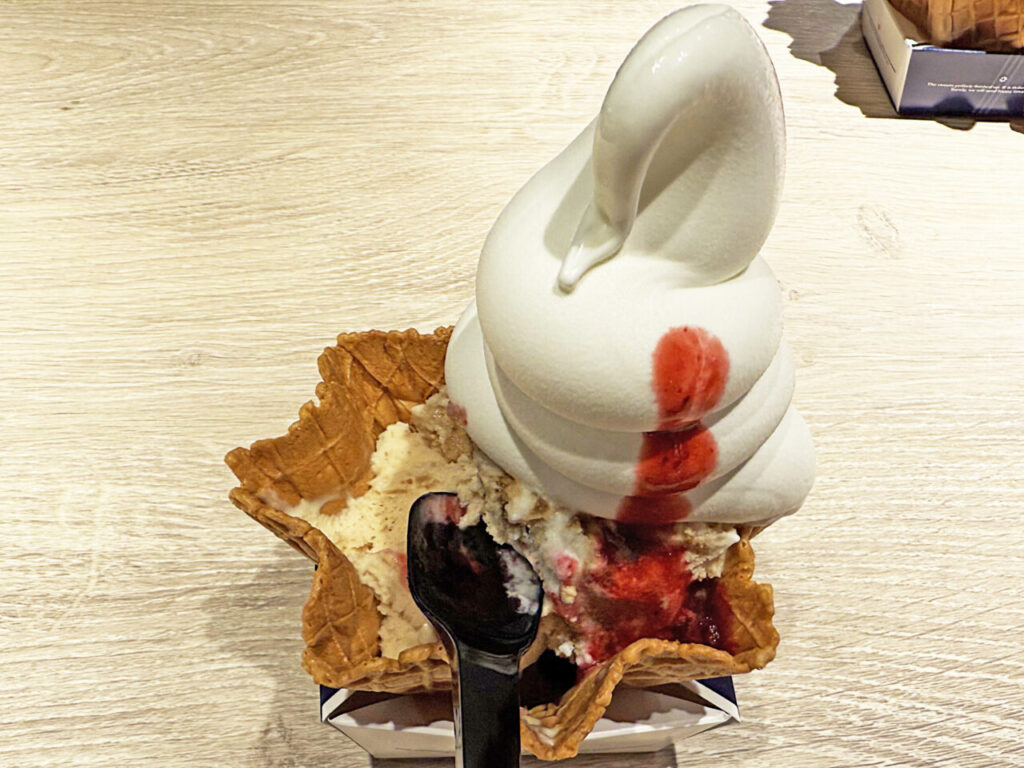 南町田「オーガスタ ミルク ファーム 南町田グランベリーパーク店」のソフトジェラート「カフェチョコチップ＋ヘーゼルナッツ」