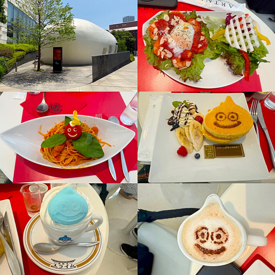 スクウェア・エニックス オフィシャルグッズショップ&カフェ「ARTNIA」の「トマトマーレのナポリタン」と「スライムウィンナーコーヒー」、「スライムパンケーキ」