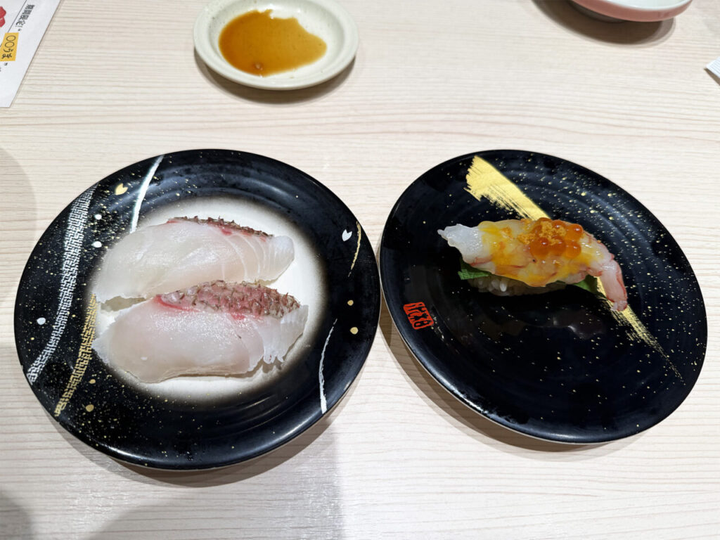 南町田「日本橋 粋 グランベリーパーク店」の「真鯛」と「甘エビ」、「うなぎ」、「平目」、「ヤリイカ」