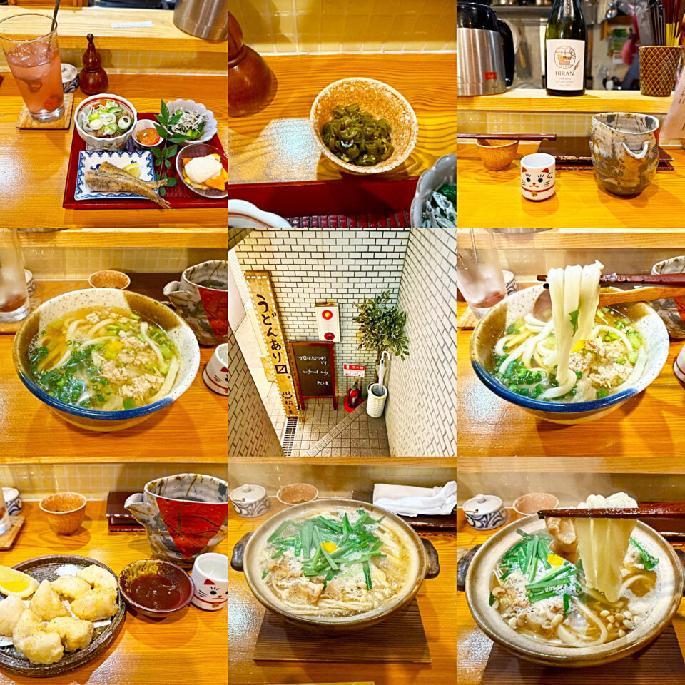 「うどんスナック松ト麦」の「あて盛りセット」と「カブのすり流しと鶏そぼろの温かけ」と「牛かすの鍋焼きうどん」