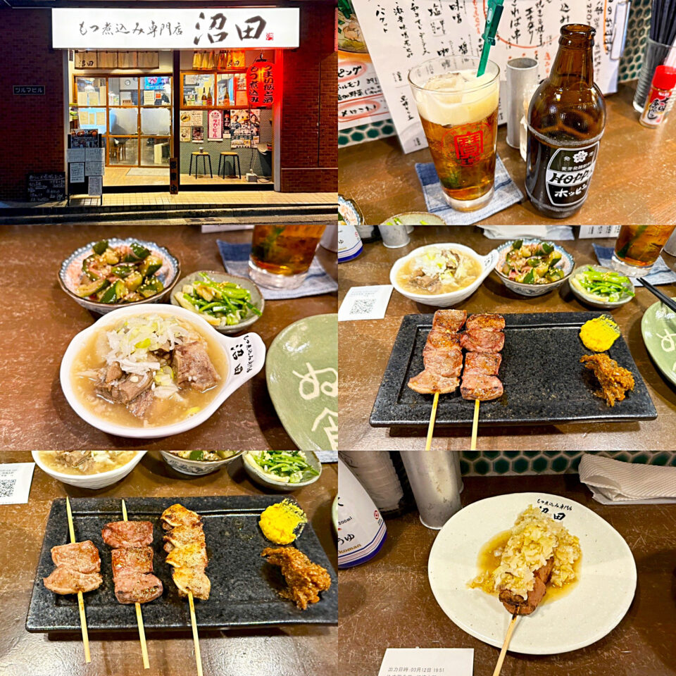 「もつ煮込み専門店 沼田 相模大野店」の「モツ煮込塩(にんにく)」と「おまかせ5本盛り」と「ねぎれば串」、「きゅうりとみょうがの梅肉和え」
